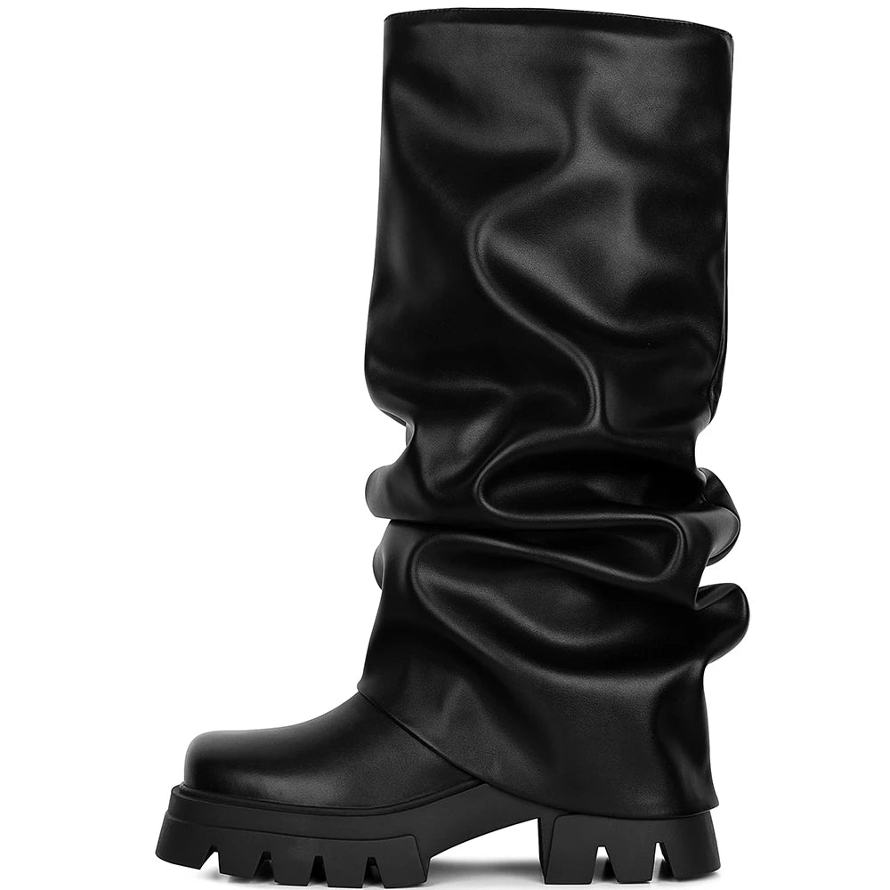 New Luxury Round Toe Chunky Heel Folding  Ladies Boots Fashion Street Shoot INS Metallic Nightclub Boots Woman