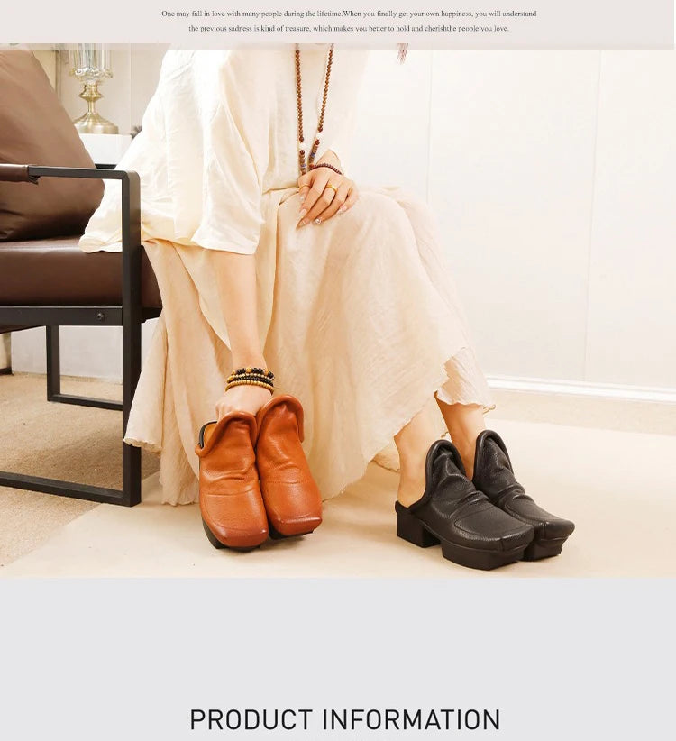 Birkuir Retro Thick Heel Closed Toe Slippers Slip On Women Outdoors Slides Spring Summer Genuine Leather Slippers Size 41
