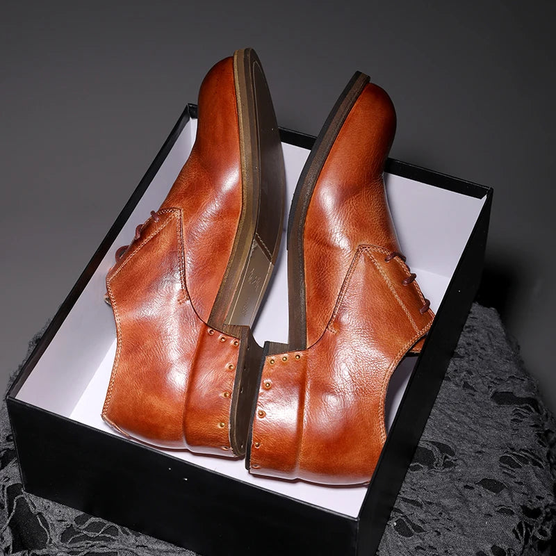 Goodyear-Welted Vintage Genuine Leather Men's Derby ShoesRound-toe Men Casual Shoes Dress Business Dress Shoes Men Wedding Shoes