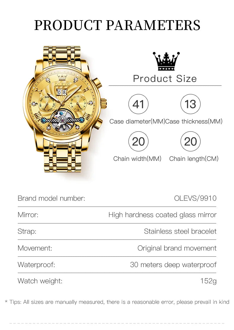 OLEVS Mechanical Watches Automatic Watch Men Waterproof Stainless Steel Strap Skeleton Gold Watch Male Wristwatch