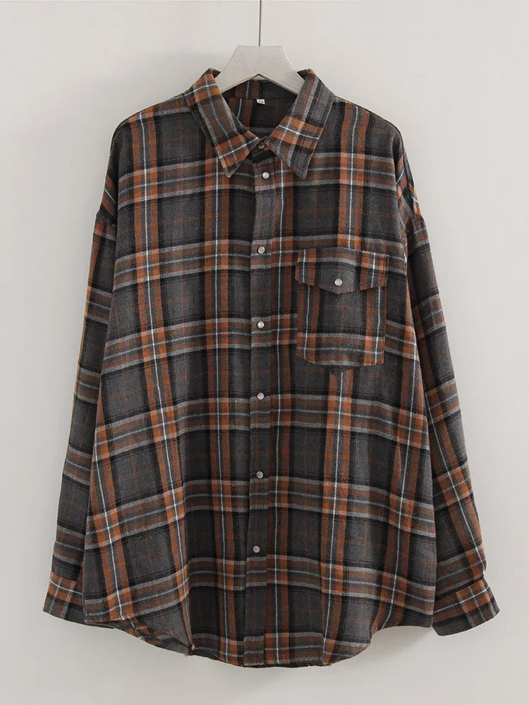 Streamgirl Oversized Plaid Shirt Women 2026 Spring Loose Vintage Long Shirts Full Sleeve Women Plaid Brown Oversized Shirt Blue