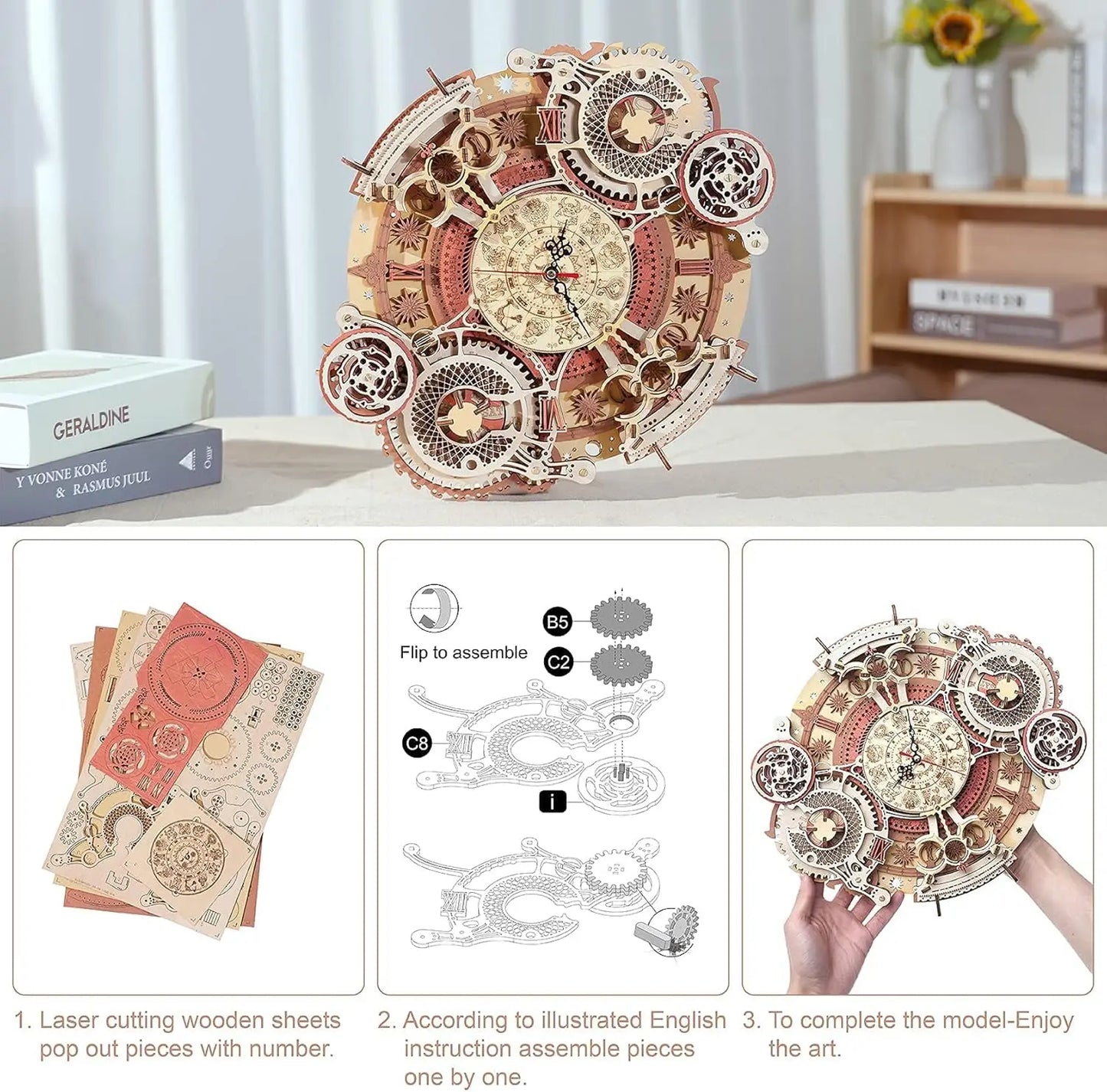 Robotime Wall Clock 3D Wooden Puzzle Wooden Set Mechanical Building Kits Wooden Puzzle Game Children