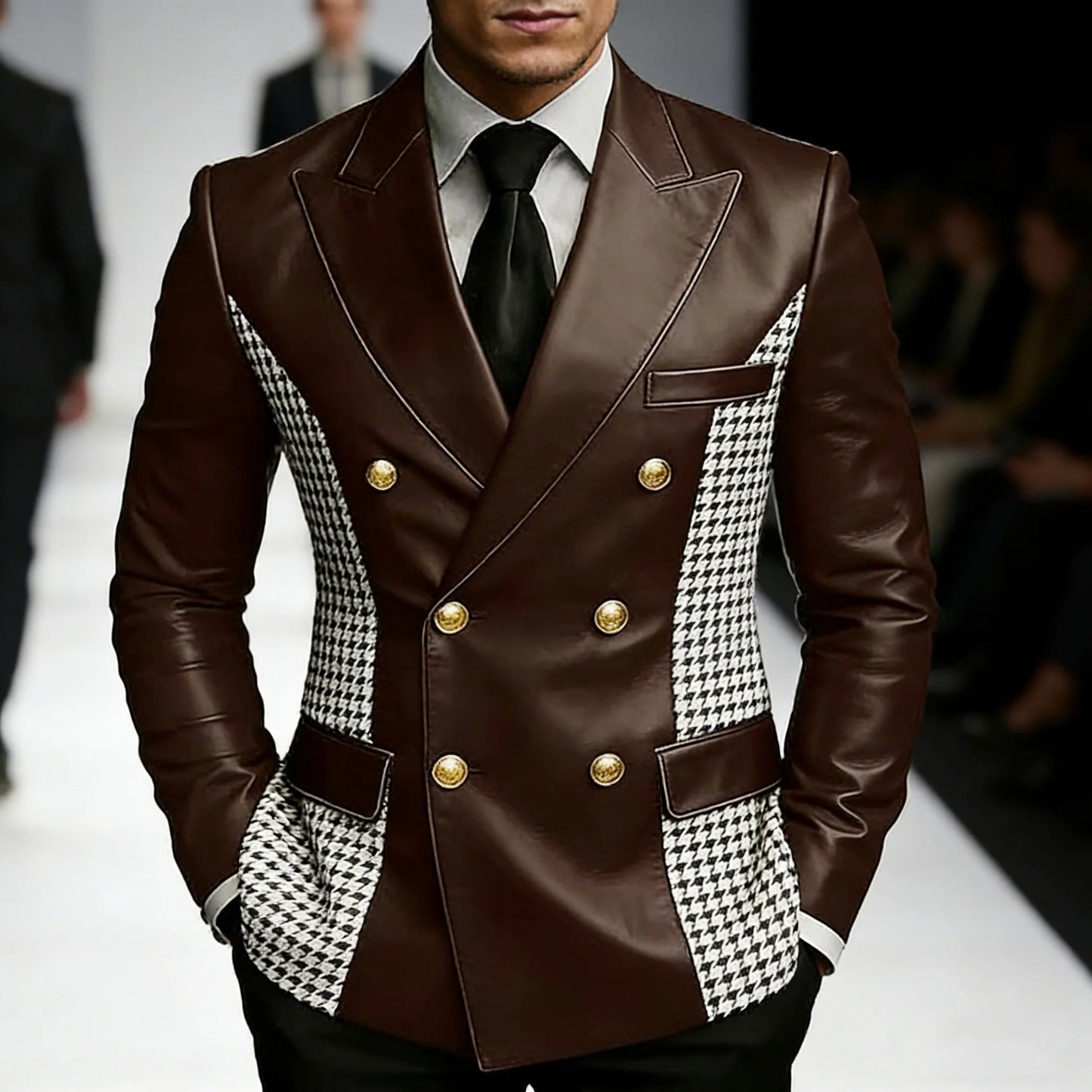Men’s Brown Leather Blazer With Houndstooth Sides Vintage Two-Tone Double Breasted Slim Fit Gold Buttons Leather Tuxedo Jacket