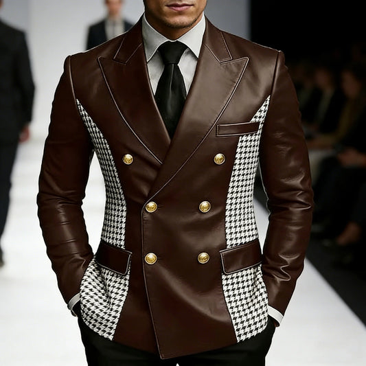 Men’s Brown Leather Blazer With Houndstooth Sides Vintage Two-Tone Double Breasted Slim Fit Gold Buttons Leather Tuxedo Jacket