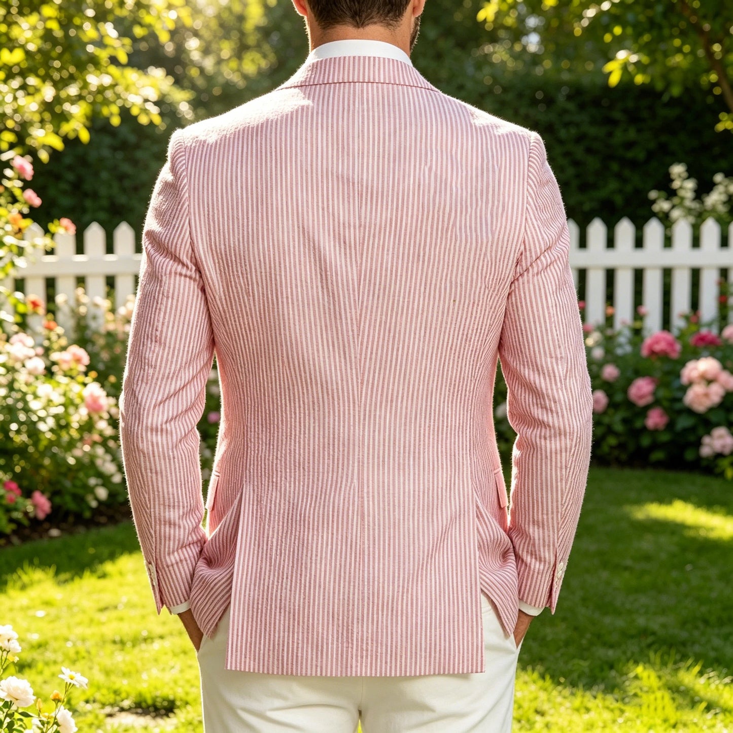 Men's Striped Seersucker Blazer Notch Lapel Slim Fit Suit Jacket Summer Lightweight Business Casual Sport Coat for Wedding Party