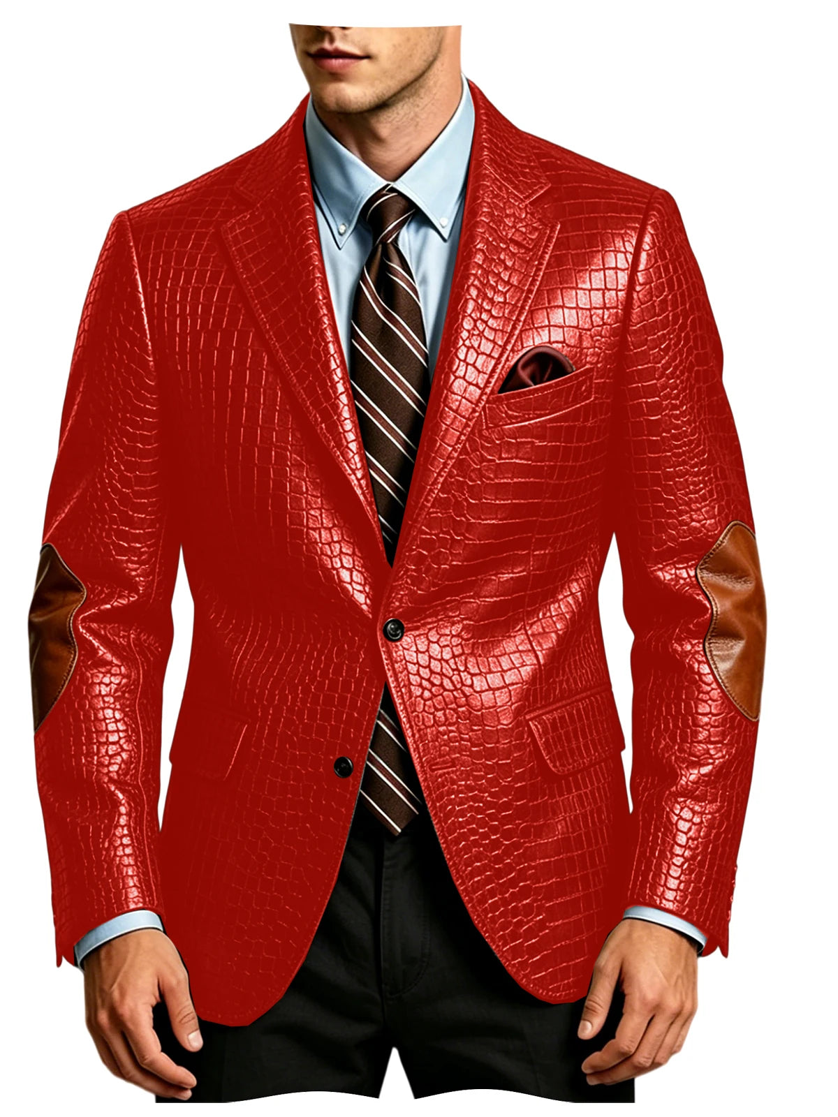 Luxury Men's Crocodile Embossed Leather Blazer Notched Lapel Elbow Patches 2 Button Slim Fit Jacket Business Casual For Wedding