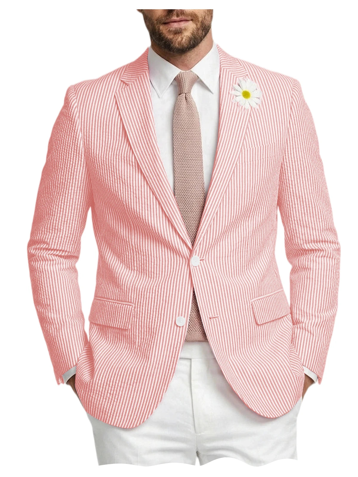 Men's Striped Seersucker Blazer Notch Lapel Slim Fit Suit Jacket Summer Lightweight Business Casual Sport Coat for Wedding Party