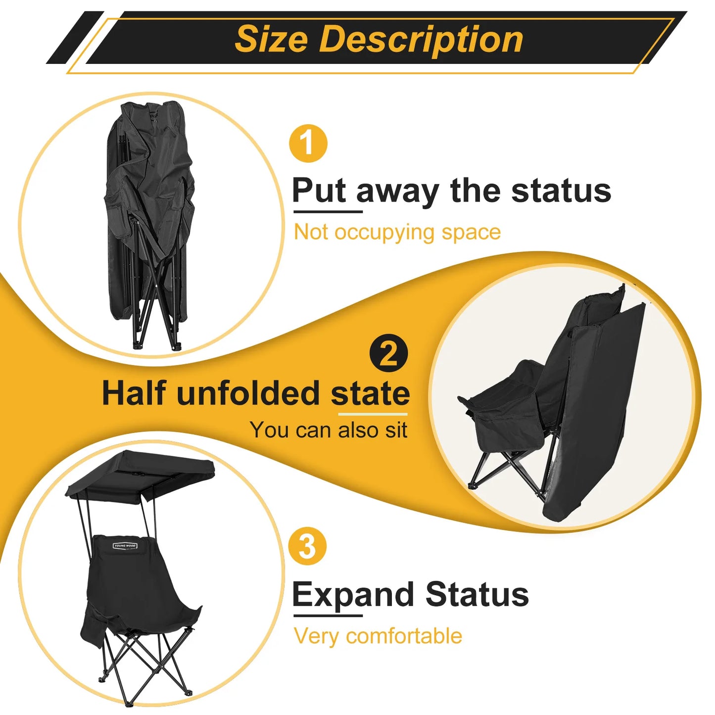 YOUNG WOOD Portable Camping Chair Beach Chair With Shade Canopy, Fold Lightweight Oversized For All, Easy To Open And Close