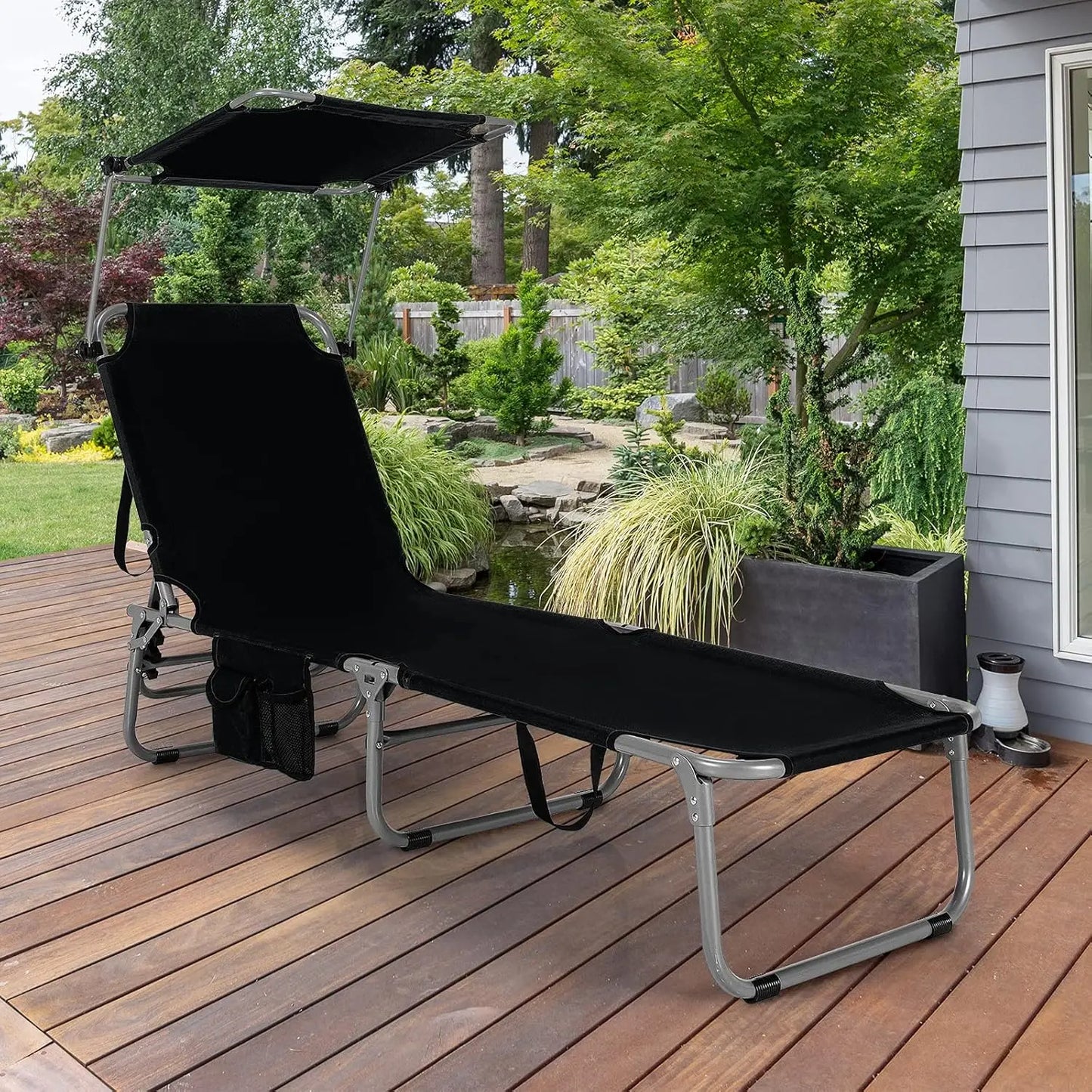 Beach Chair with Canopy Shade, Folding Tanning Lounge with Adjustable Backrest, Carry Handle & Side Pocket,, Customized