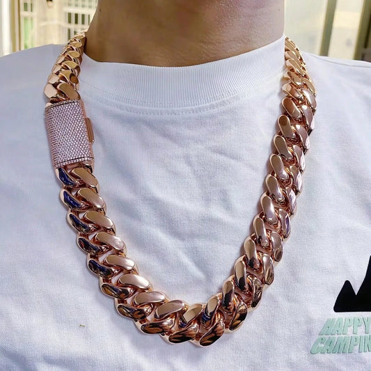 14-22mm Rose Gold  Stainless Steel Cuban Miami Link Chain Iced Out CZ Box Clasp Necklace Fashion Hip Hop Unisex Jewelry (1PC)
