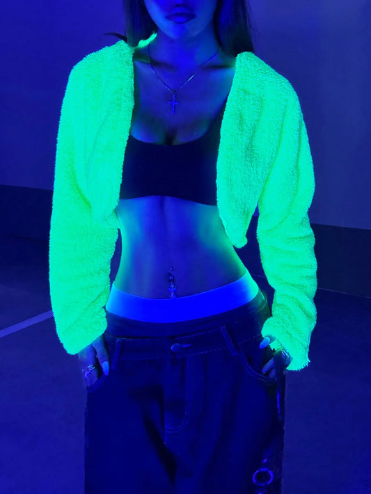 Neon Green Glow-in-the-Dark Fluffy Jacket for Women, Party Wear Fall Winter