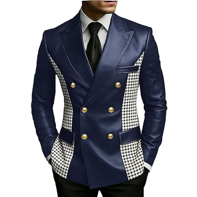 Men’s Brown Leather Blazer With Houndstooth Sides Vintage Two-Tone Double Breasted Slim Fit Gold Buttons Leather Tuxedo Jacket