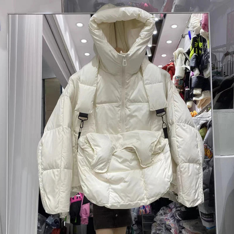 Winter Solid with Backpack Hooded Down Jacket Female Thick Warm Quilted Parka Outwears Women White Duck Down Warm Short Jackets