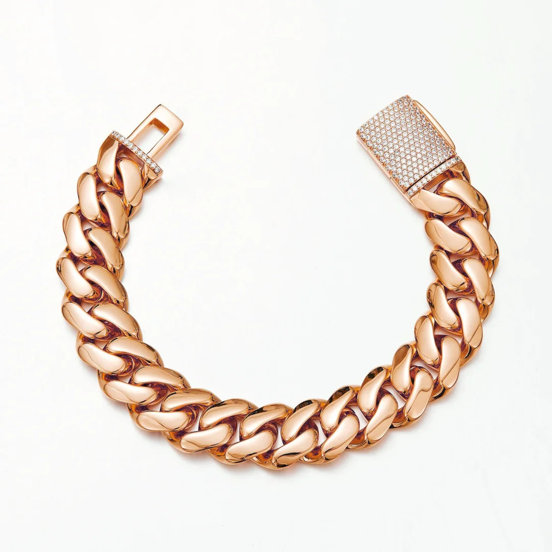 14-22mm Rose Gold  Stainless Steel Cuban Miami Link Chain Iced Out CZ Box Clasp Necklace Fashion Hip Hop Unisex Jewelry (1PC)