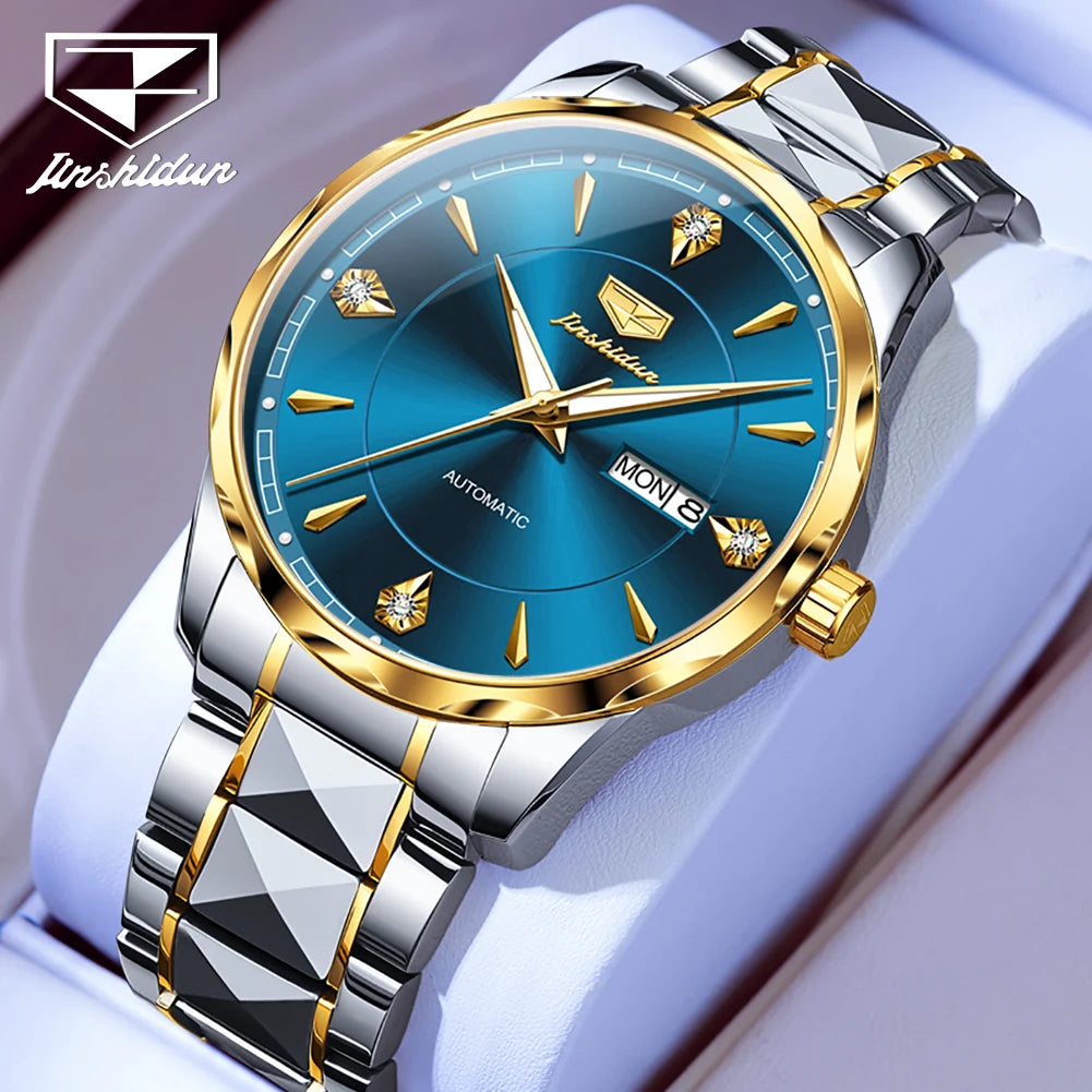 JSDUN High End Men's Watches Auto Calendar Week Tungsten steel Sapphire Mirror Automatic Mechanical Watch for Men Luxury Brand