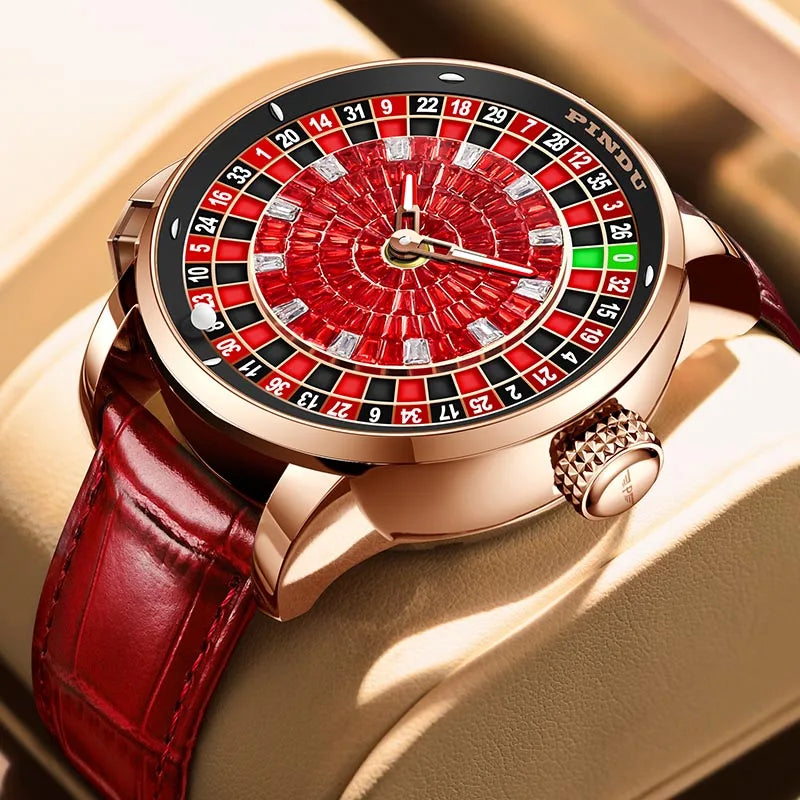 Fashion Business Noble Red PINDU Top Men's Mechanical Watch NH35A Push Button Gambling Table Roulette Game Watch Sapphire Watch