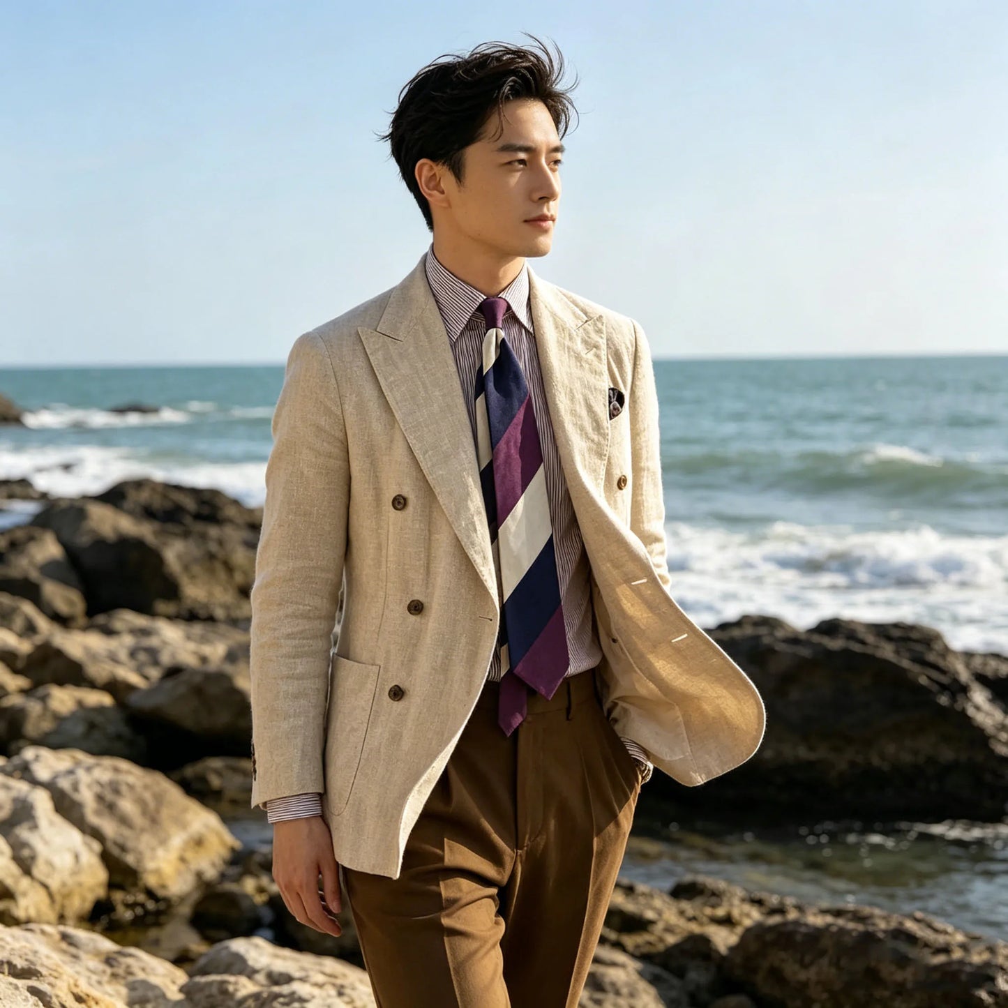 Elegant Men's Linen Blazer Double Breasted Peak Lapel Breathable Lightweight Fashion Casual Jacket Old Mmoney Aesthetic Business