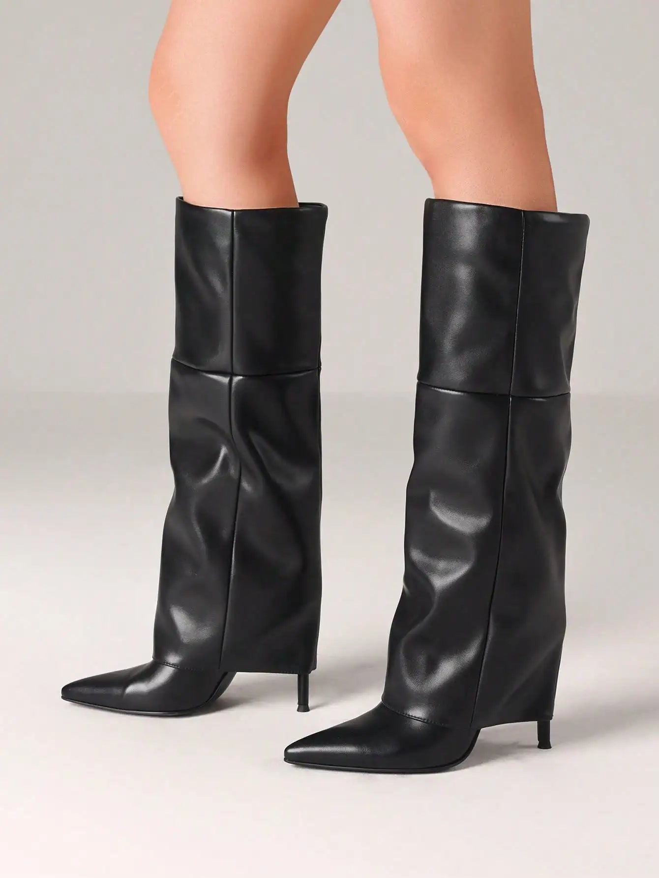 Women's Sexy Fold Over Knee High Shark Boots Fashion Pointed Toe Stiletto High Heels Pleated Party Dress Elegant Boots Woman