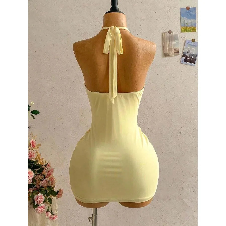【New style】Women's Casual Vacation Sexy V-Neck Ribbon Halter Bow Tie Ruched Mini Dress, Suitable For Beach, Cruise, Resort