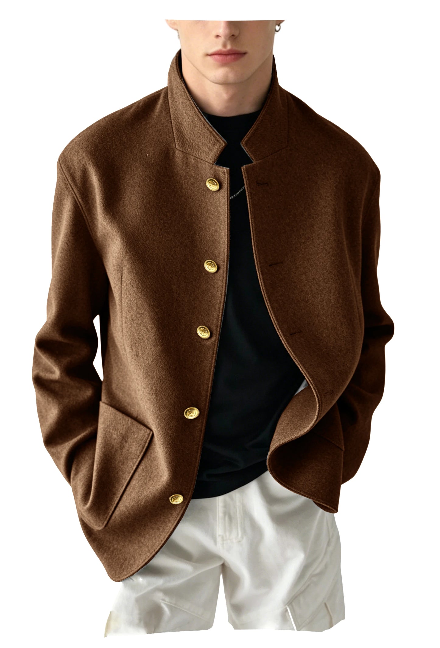 Vintage Men's Stand Collar Jacket Wool Blend Casual Coat Warm Autumn Winter Business Blazer Plus Size Streetwear Outerwear