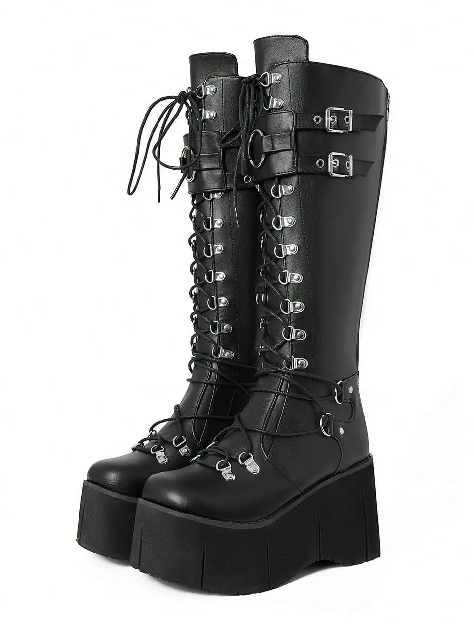 Women Gothic Punk Knee High Boots Wedges High Heel Platform Halloween Motorcycle Shoes Luxury Long Booties