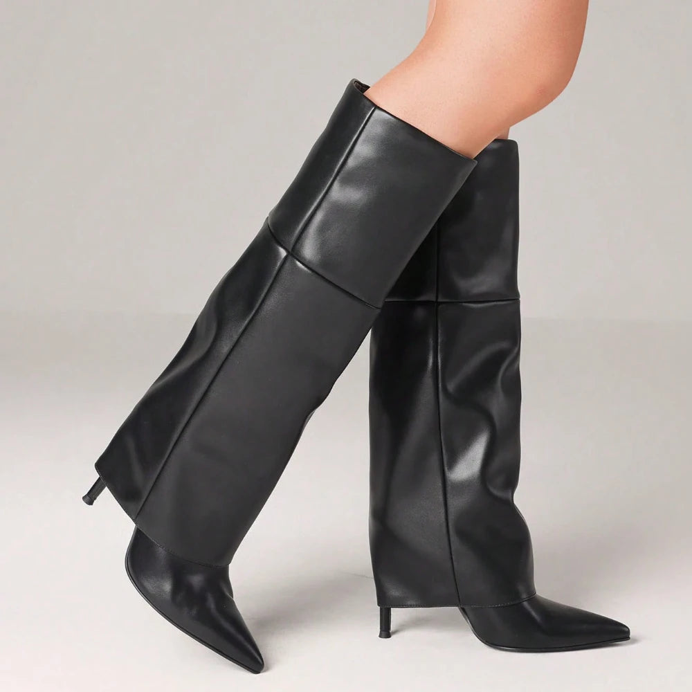 Women's Sexy Fold Over Knee High Shark Boots Fashion Pointed Toe Stiletto High Heels Pleated Party Dress Elegant Boots Woman
