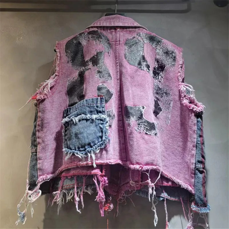 DEAT Women Denim Waistcoat Turn-Down Collar Burrs Edge Tassel Do Old Graffiti Single Button Vest 2026 Spring New Fashion 29A5833