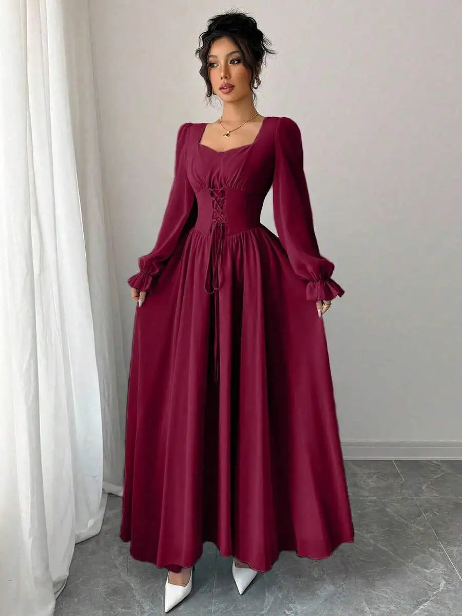 Elegant Blue Long Sleeve Maxi Dress with Corset Lace-Up Waist, Square Neck, Ruffled Cuffs for Spring Summer Events